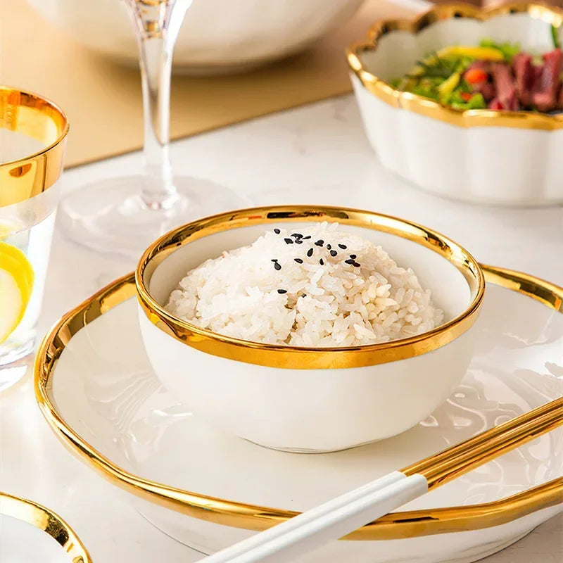 32 pcs White with gold rim Porcelain Dinnerware Set